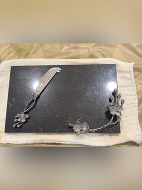 Michael Aram Floral Marble Cheese Board with Silver Flower Knife Set